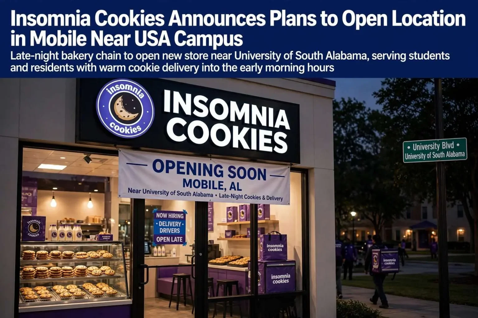Illustration for the news story: Insomnia Cookies Announces Plans to Open Location in Mobile Near USA Campus