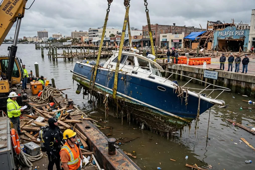 Illustration for the news story: Last sunken boats pulled from Pensacola Bay weeks after Hurricane Sally