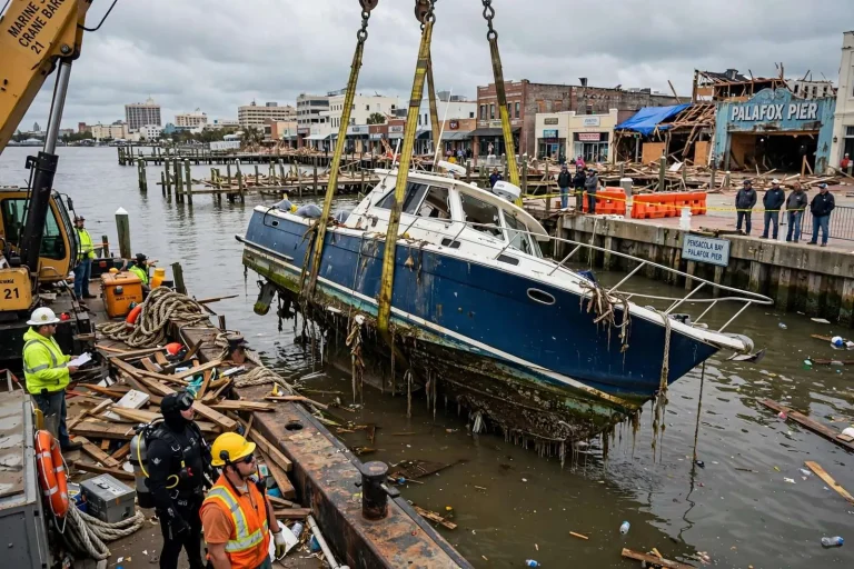 Illustration for the news story: Last sunken boats pulled from Pensacola Bay weeks after Hurricane Sally