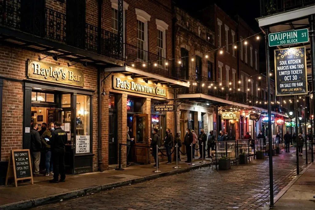 Illustration for the news story: Mobile Bars Clear to Stay Open Past 11 p.m. Again as Dauphin Street Rebounds