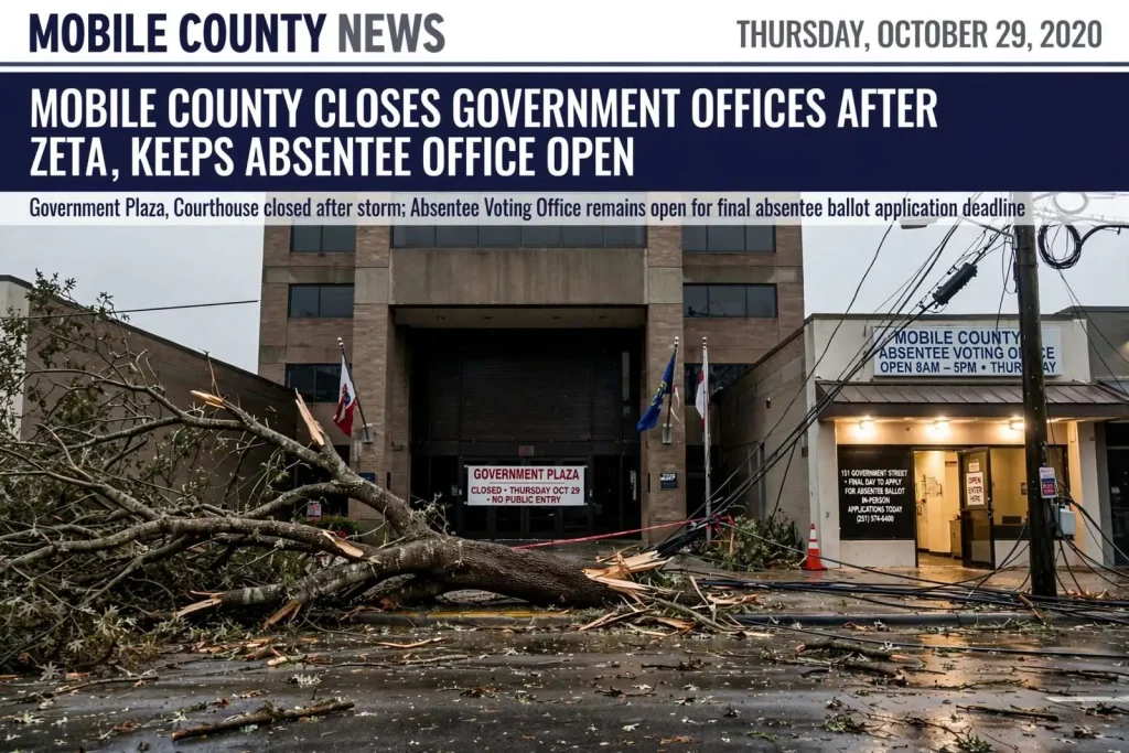 Illustration for the news story: Mobile County closes government offices after Hurricane Zeta, keeps absentee office open