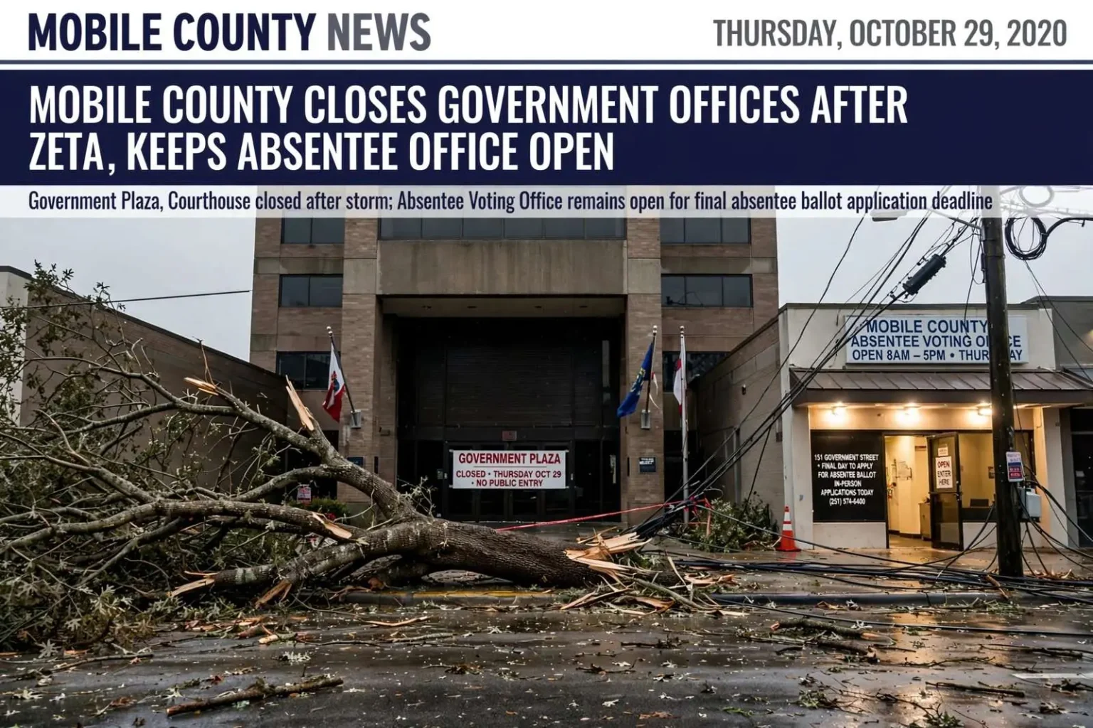 Illustration for the news story: Mobile County closes government offices after Hurricane Zeta, keeps absentee office open