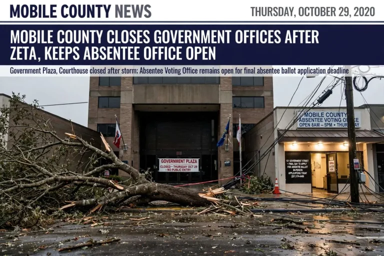 Illustration for the news story: Mobile County closes government offices after Hurricane Zeta, keeps absentee office open