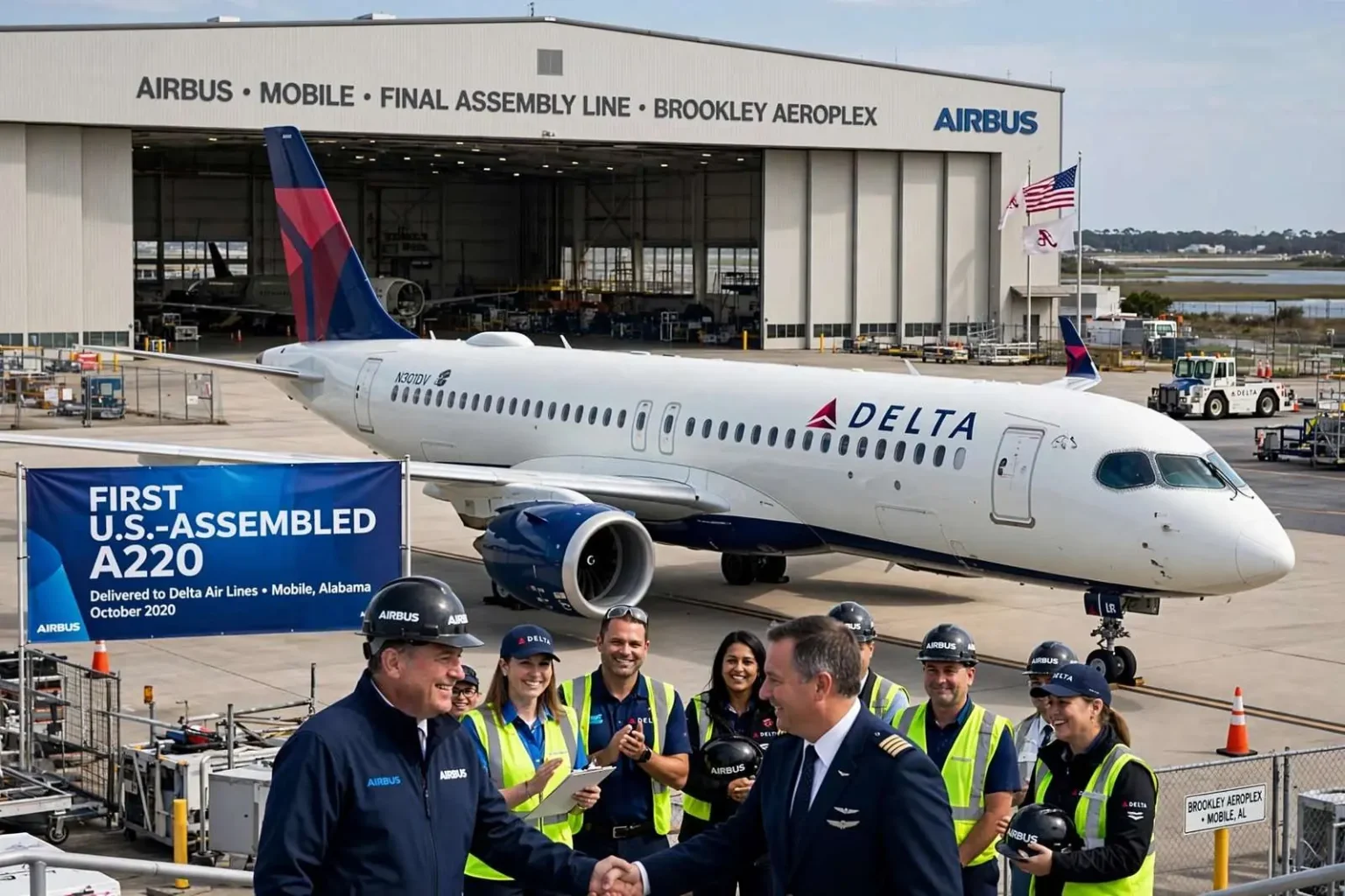 Illustration for the news story: Mobile’s Airbus Plant Delivers Its First U.S.-Assembled A220, Handing It to Delta Air Lines