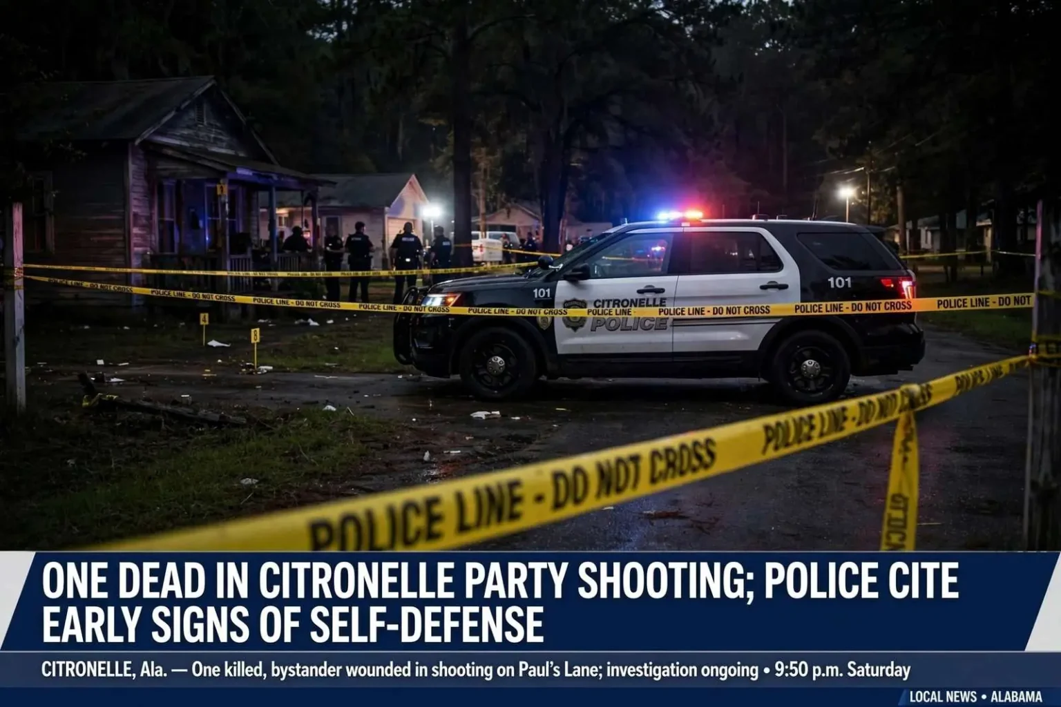 Illustration for the news story: One Dead in Citronelle Party Shooting; Police Cite Early Signs of Self-Defense