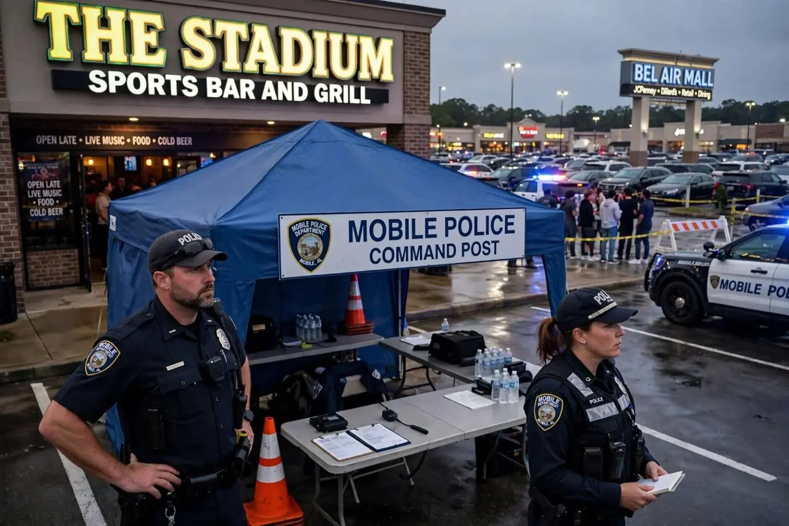 Illustration for the news story: Police weigh command post at Mobile sports bar as parking lot crowds draw complaints