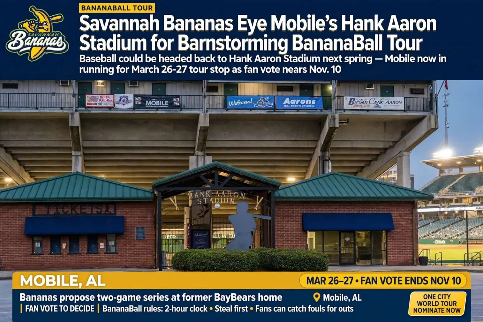 Illustration for the news story: Savannah Bananas Eye Mobile’s Hank Aaron Stadium for Barnstorming BananaBall Tour