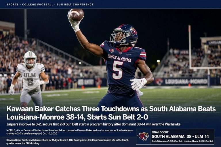 Illustration for the news story: Kawaan Baker Catches Three Touchdowns as South Alabama Beats Louisiana-Monroe 38-14, Starts Sun Belt 2-0