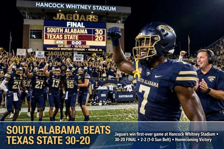 Illustration for the news story: South Alabama Beats Texas State 30-20 for First Win at Hancock Whitney Stadium