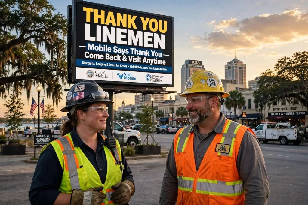 Illustration for the news story: ‘Thank You Linemen’ Campaign Invites Storm Crews Back to a Restored Mobile