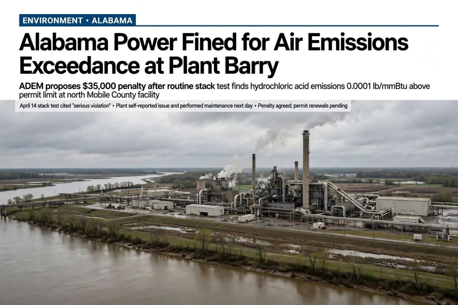 Illustration for the news story: Alabama Power Fined for Air Emissions Exceedance at Plant Barry
