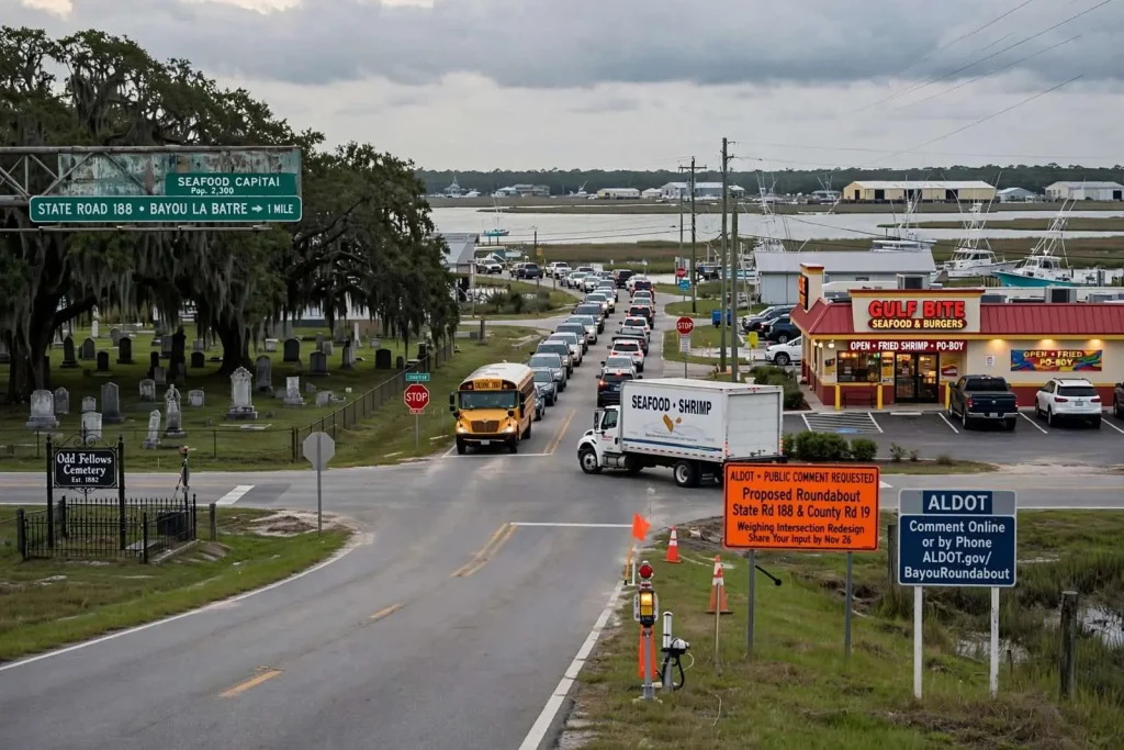 Illustration for the news story: ALDOT Weighs Roundabout for Busy Bayou La Batre Intersection, Asks Public for Input