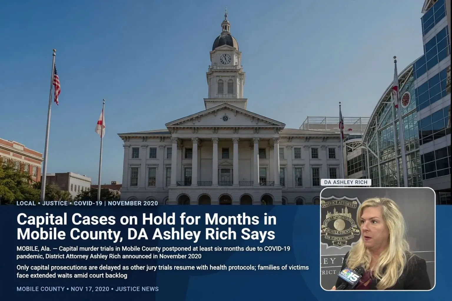 Illustration for the news story: Capital Cases on Hold for Months in Mobile County, DA Ashley Rich Says