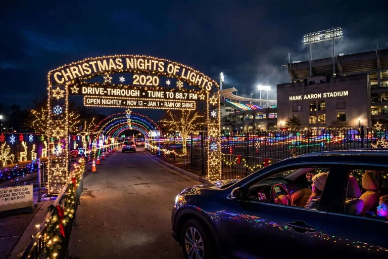 Illustration for the news story: Christmas Nights of Lights Returns to Hank Aaron Stadium for the 2020 Holidays