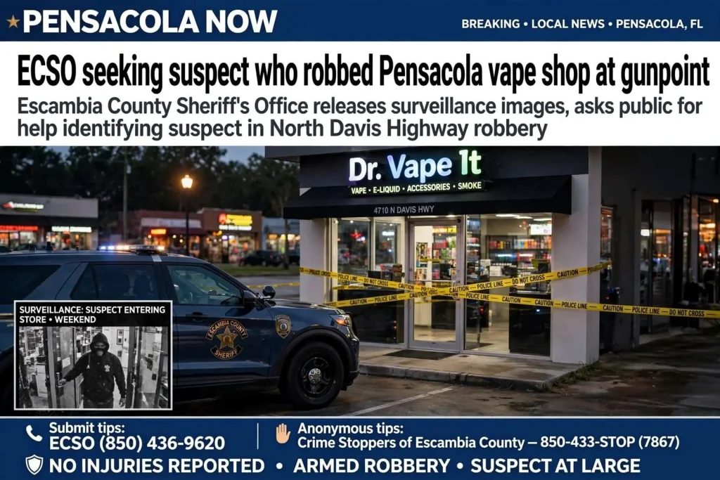 Illustration for the news story: ECSO seeking suspect who robbed Pensacola vape shop at gunpoint