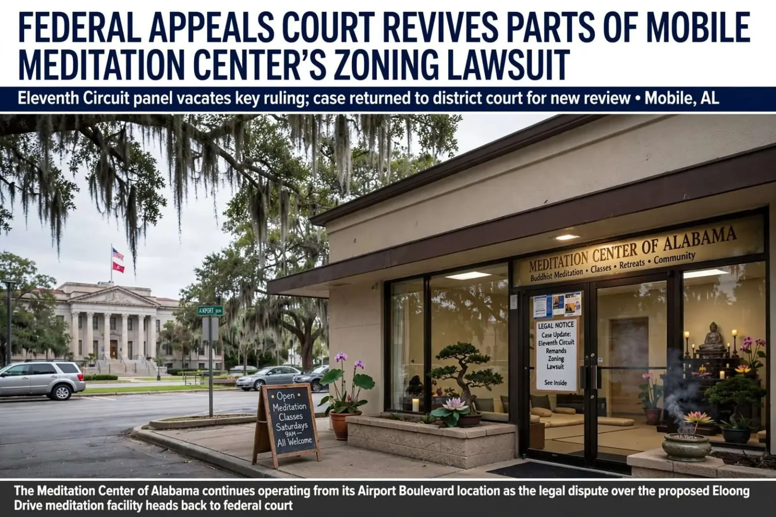 Illustration for the news story: Federal Appeals Court Revives Parts of Mobile Meditation Center’s Zoning Lawsuit
