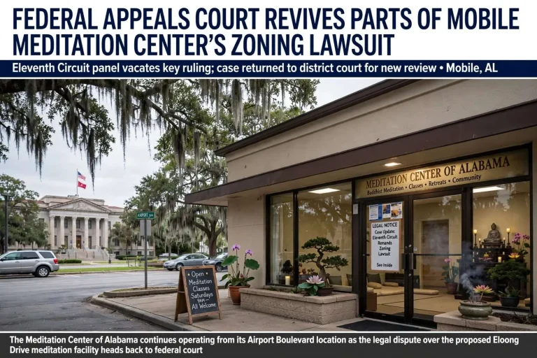Illustration for the news story: Federal Appeals Court Revives Parts of Mobile Meditation Center’s Zoning Lawsuit