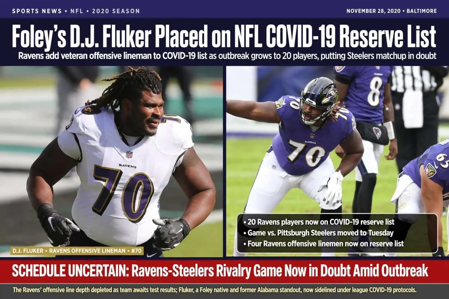 Illustration for the news story: Foley’s D.J. Fluker placed on NFL COVID-19 reserve list