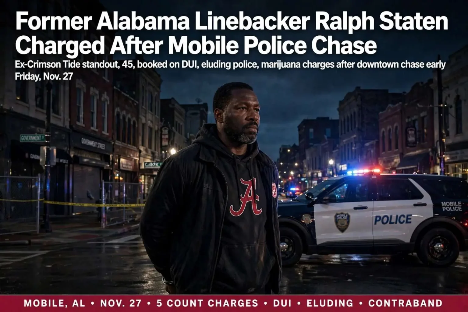 Illustration for the news story: Former Alabama Linebacker Ralph Staten Charged After Mobile Police Chase