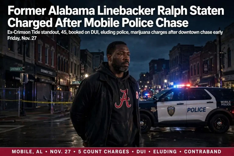 Illustration for the news story: Former Alabama Linebacker Ralph Staten Charged After Mobile Police Chase