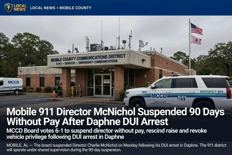 Illustration for the news story: Mobile 911 Director McNichol Suspended 90 Days Without Pay After Daphne DUI Arrest