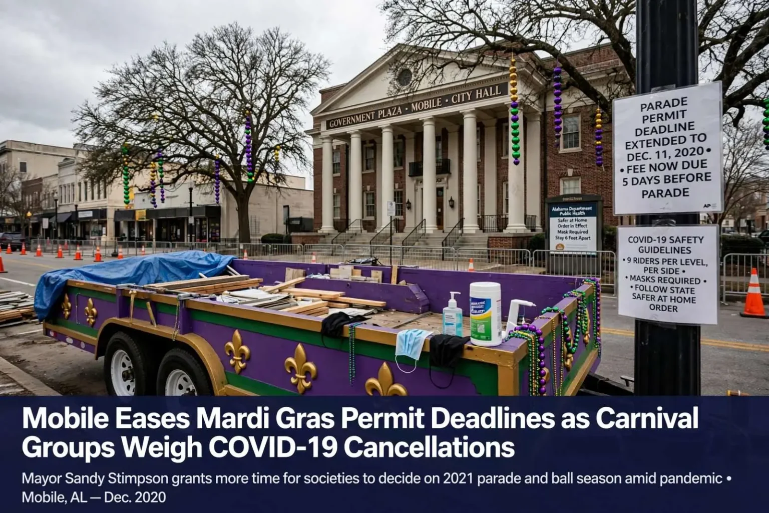 Illustration for the news story: Mobile Eases Mardi Gras Permit Deadlines as Carnival Groups Weigh COVID-19 Cancellations