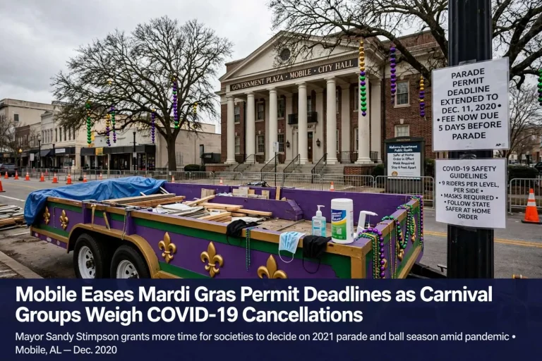 Illustration for the news story: Mobile Eases Mardi Gras Permit Deadlines as Carnival Groups Weigh COVID-19 Cancellations