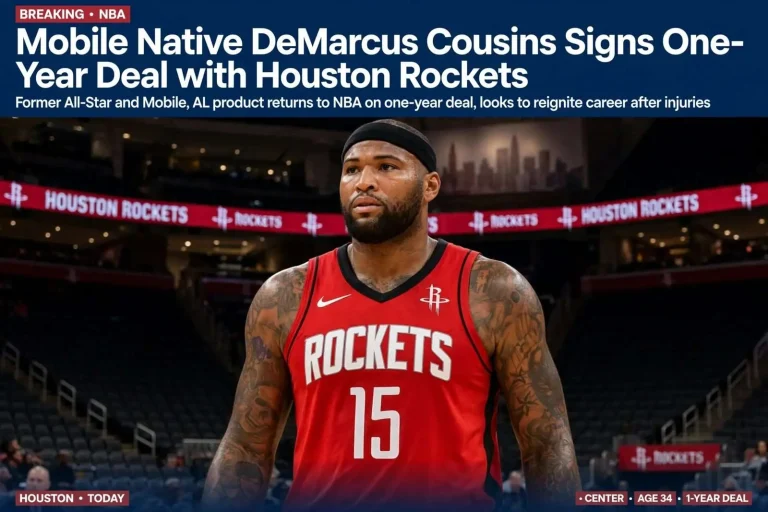Illustration for the news story: Mobile Native DeMarcus Cousins Signs One-Year Deal with Houston Rockets