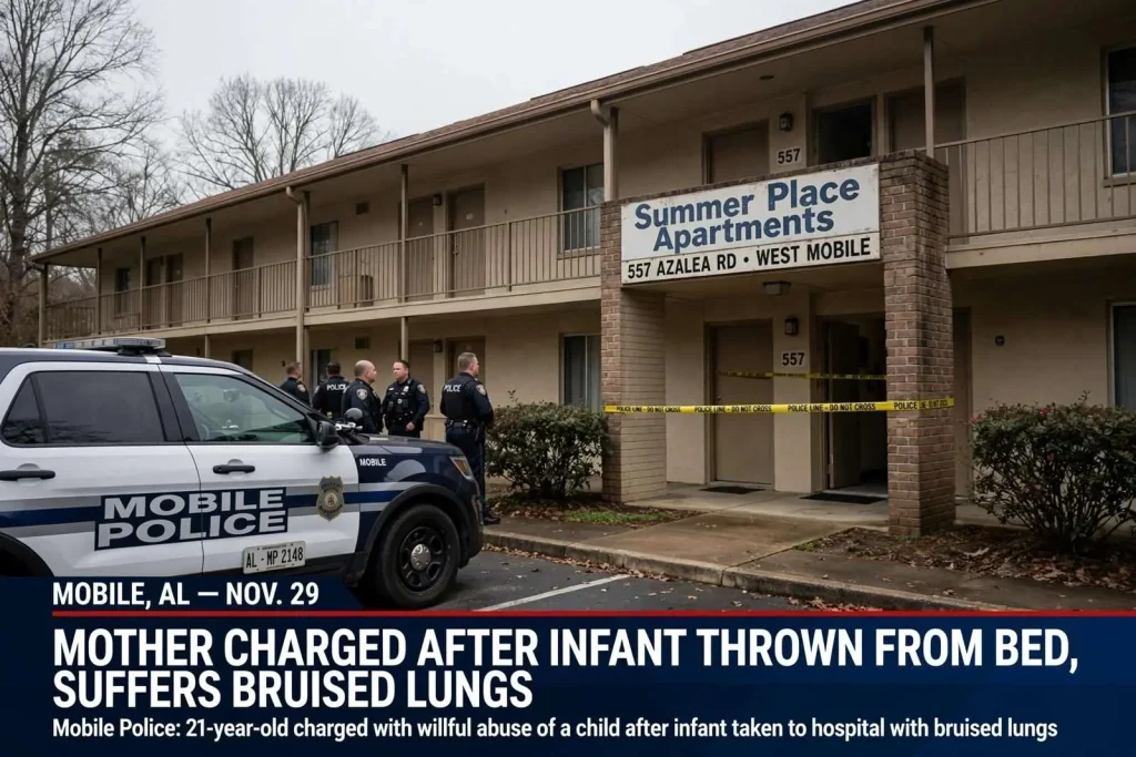Illustration for the news story: Mobile Police Say Mother Threw Crying Infant to the Floor, Leaving Him With Bruised Lungs