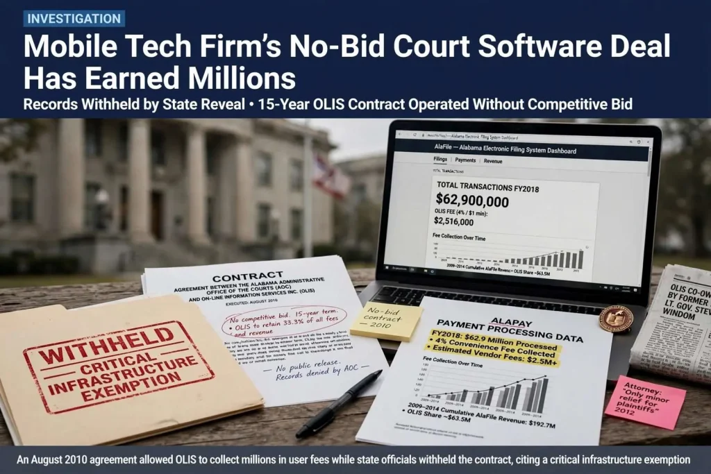 Illustration for the news story: Mobile Tech Firm’s No-Bid Court Software Deal Has Earned Millions, Records Withheld by State Reveal