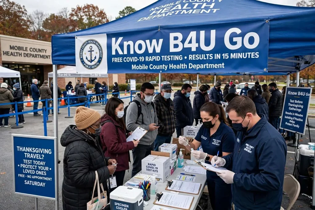 Illustration for the news story: Nearly 900 Residents Tested for COVID-19 at Mobile County Health Department’s ‘Know B4U Go’ Event