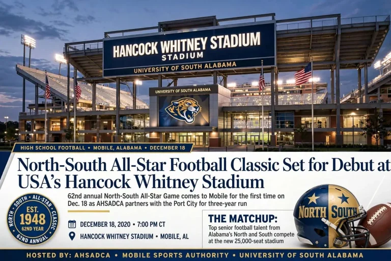 Illustration for the news story: North-South All-Star Football Classic Set for Debut at USA’s Hancock Whitney Stadium