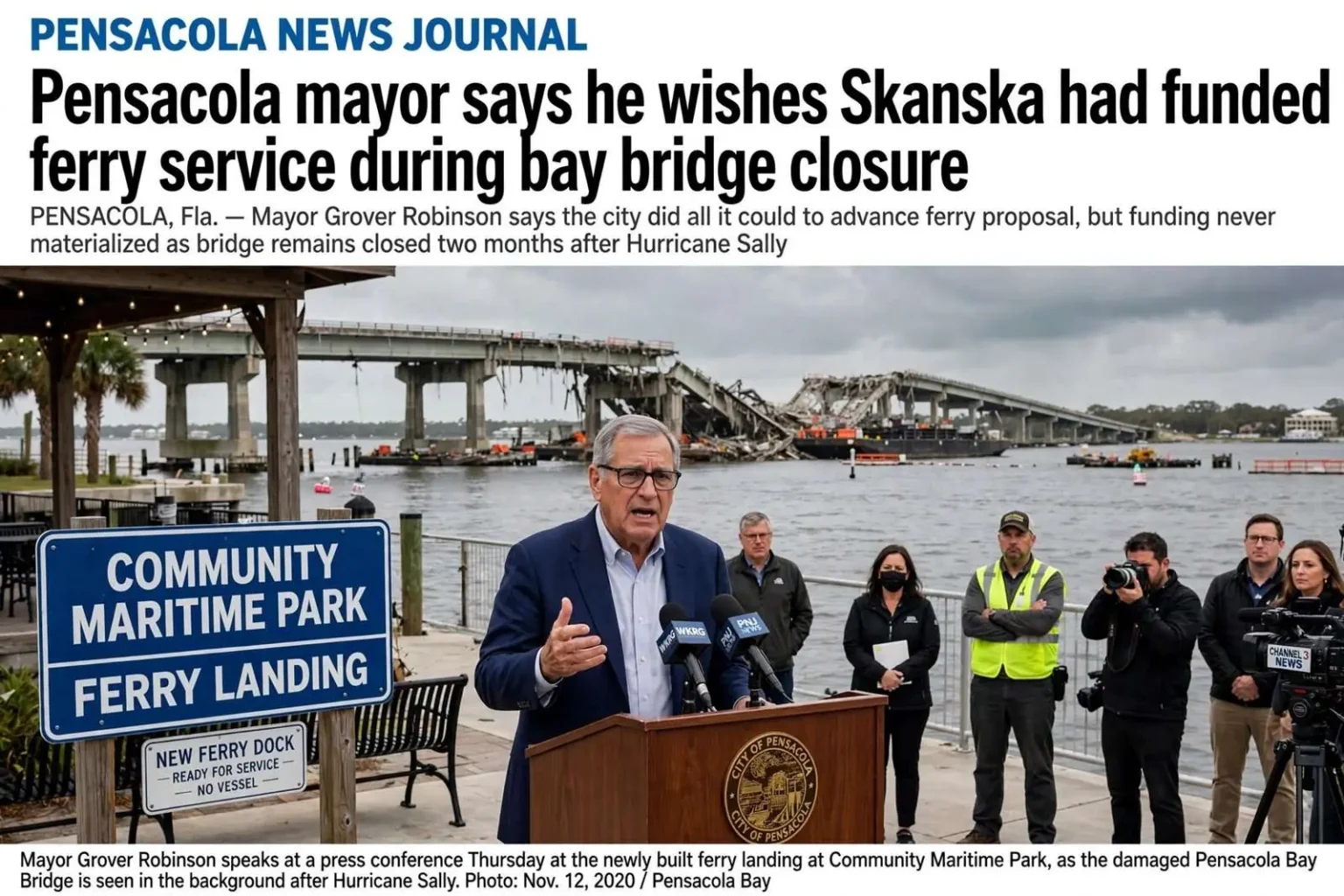 Illustration for the news story: Pensacola mayor says he wishes Skanska had funded ferry service during bay bridge closure