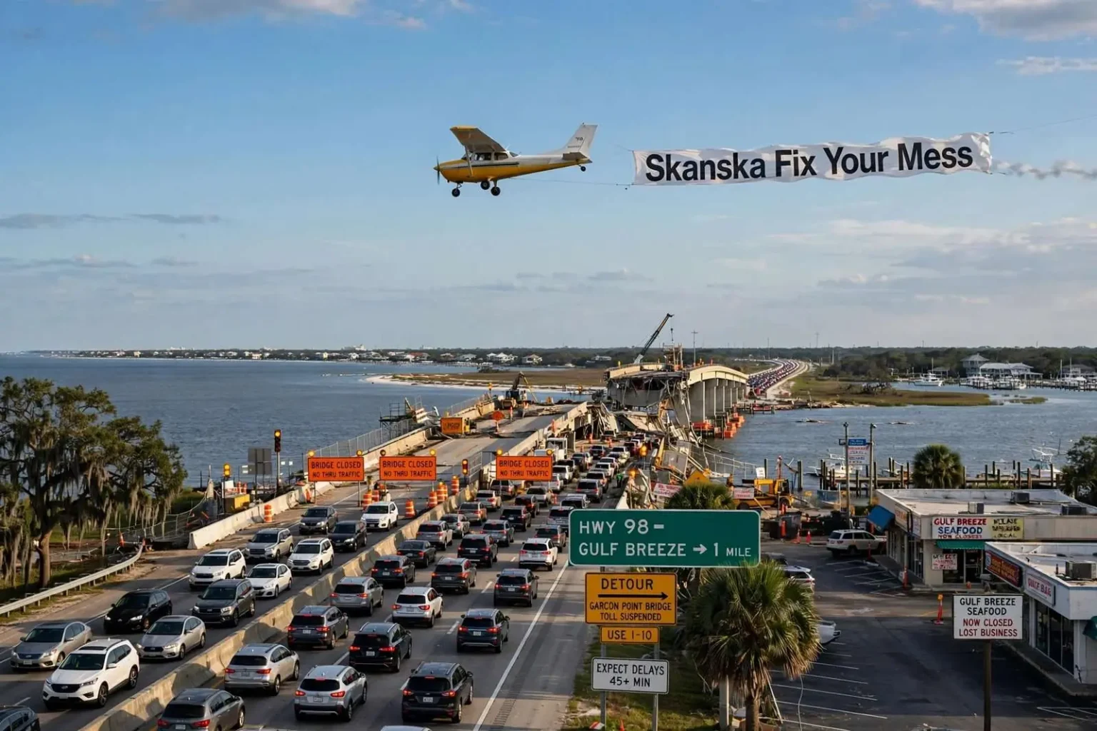 Illustration for the news story: ‘Skanska Fix Your Mess’ Banner Flown Over Northwest Florida as Bridge Stays Closed