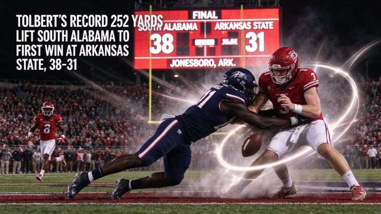 Illustration for the news story: Tolbert’s Record 252 Yards Lift South Alabama to First Win at Arkansas State, 38-31