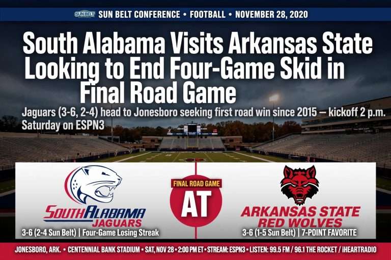 Illustration for the news story: South Alabama Visits Arkansas State Looking to End Four-Game Skid in Final Road Game