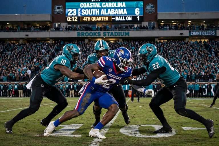 Illustration for the news story: South Alabama Held Out of End Zone in 23-6 Loss at Unbeaten Coastal Carolina