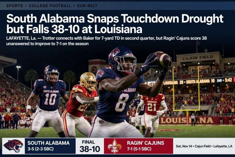 Illustration for the news story: South Alabama Snaps Touchdown Drought but Falls 38-10 at Louisiana