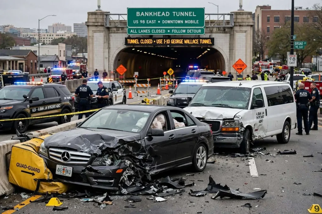 Illustration for the news story: Suspect Arrested After Police Chase, Crash Closes Bankhead Tunnel in Downtown Mobile