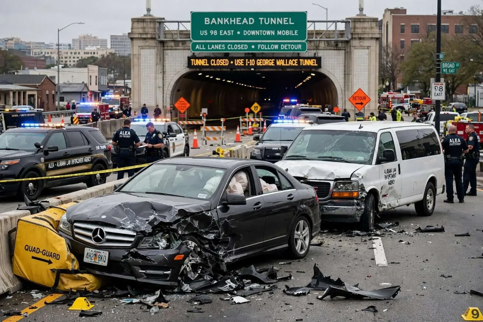 Illustration for the news story: Suspect Arrested After Police Chase, Crash Closes Bankhead Tunnel in Downtown Mobile