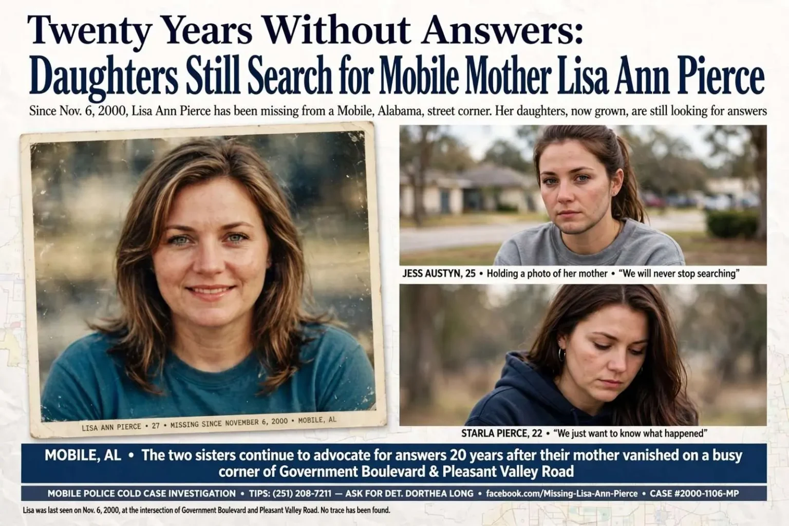Illustration for the news story: Twenty Years Without Answers: Daughters Still Search for Mobile Mother Lisa Ann Pierce