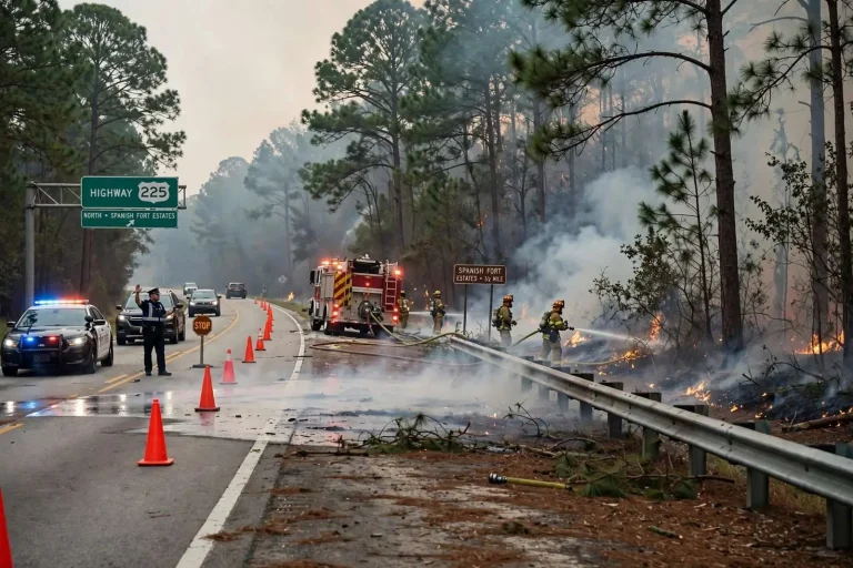 Illustration for the news story: Woods Fire Off Highway 225 Snarls Traffic Near Spanish Fort Estates