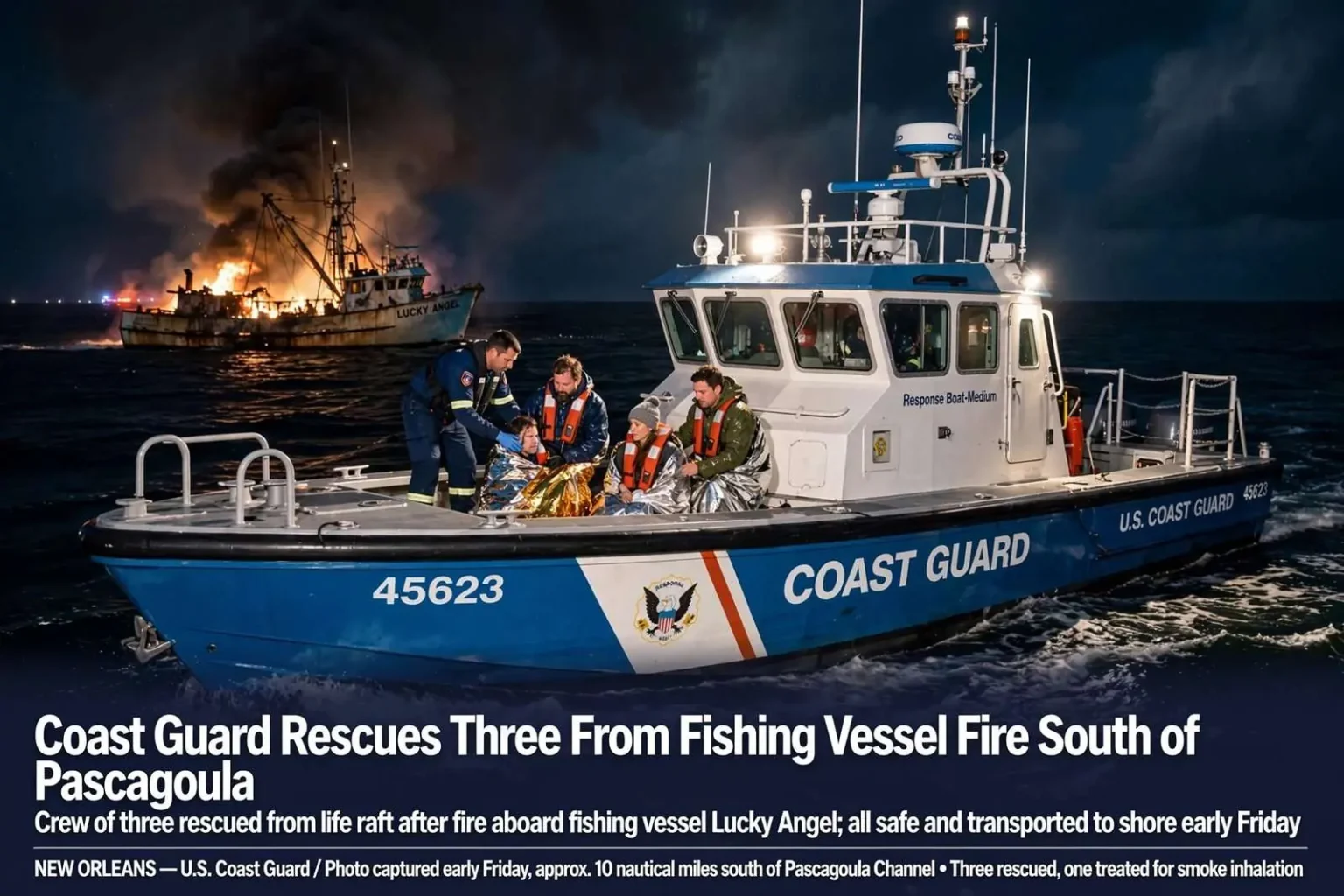 Illustration for the news story: Coast Guard Rescues Three From Fishing Vessel Fire South of Pascagoula