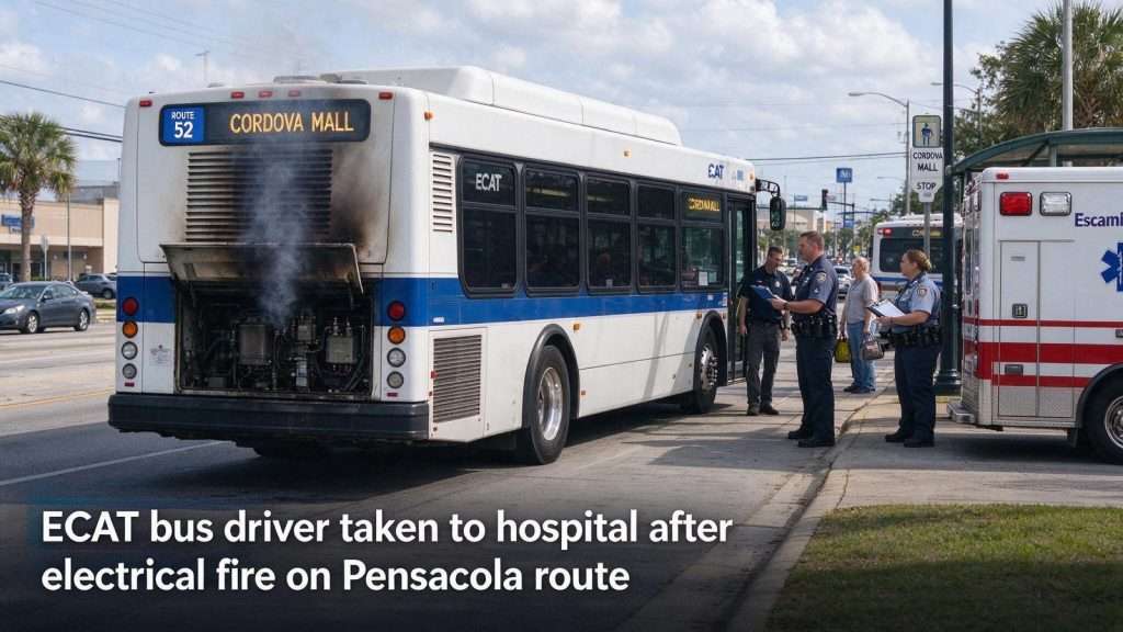 Illustration for the news story: ECAT bus driver taken to hospital after electrical fire on Pensacola route