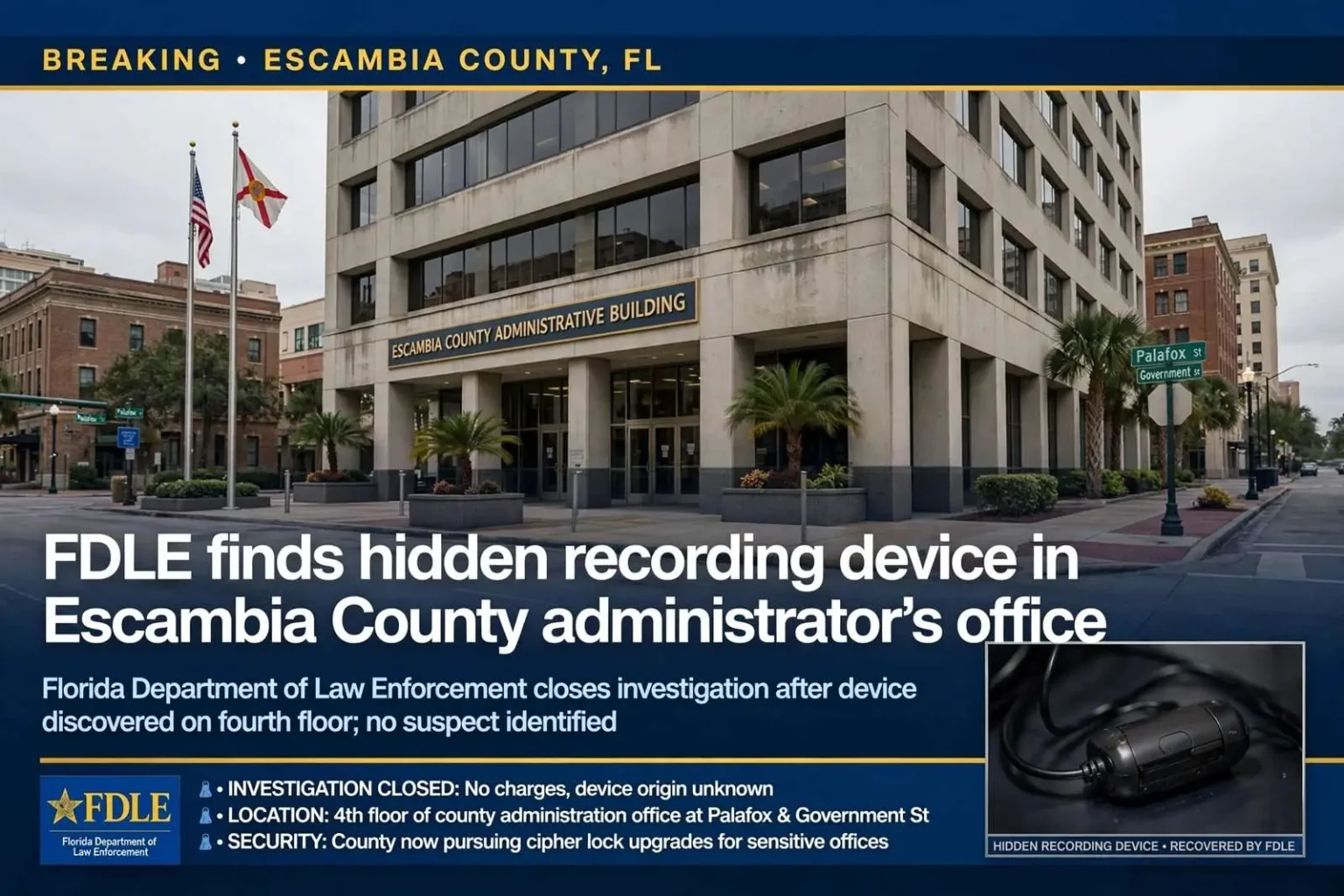 Illustration for the news story: FDLE finds hidden recording device in Escambia County administrator’s office