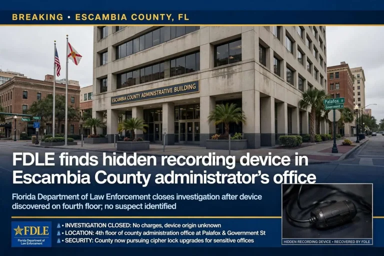 Illustration for the news story: FDLE finds hidden recording device in Escambia County administrator’s office