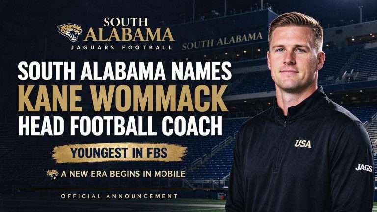 Illustration for the news story: South Alabama Names Kane Wommack Head Football Coach, Youngest In FBS