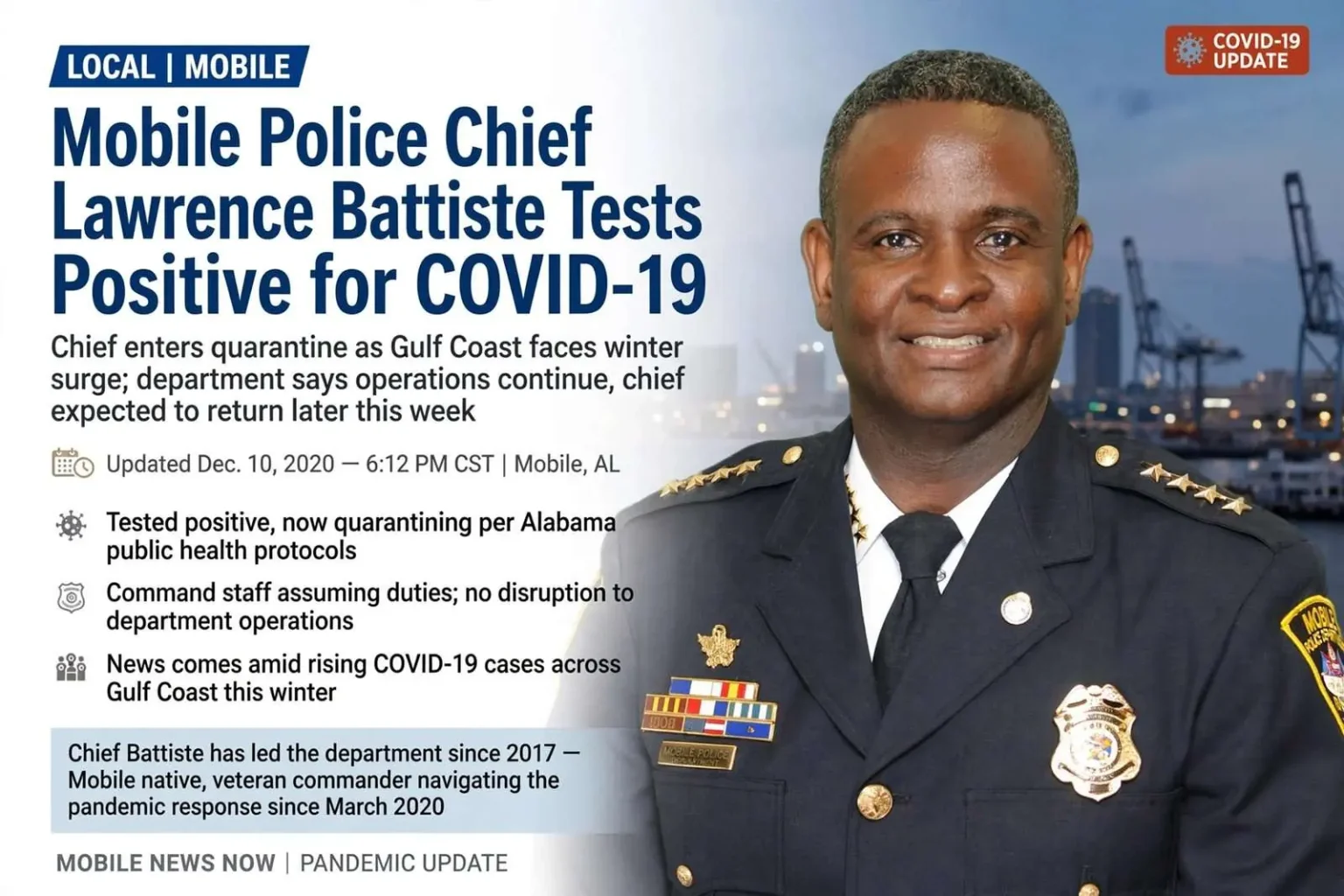 Illustration for the news story: Mobile Police Chief Lawrence Battiste Tests Positive for COVID-19