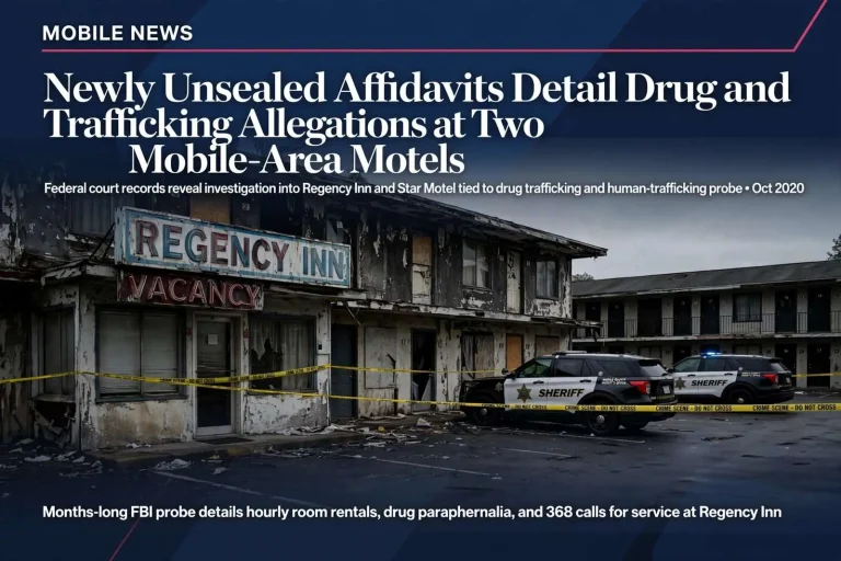 Illustration for the news story: Newly Unsealed Affidavits Detail Drug and Trafficking Allegations at Two Mobile-Area Motels