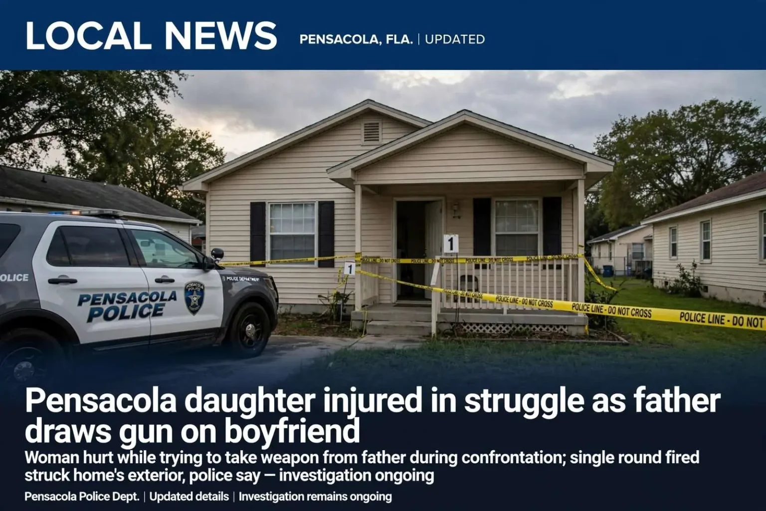 Illustration for the news story: Pensacola daughter injured in struggle as father draws gun on boyfriend